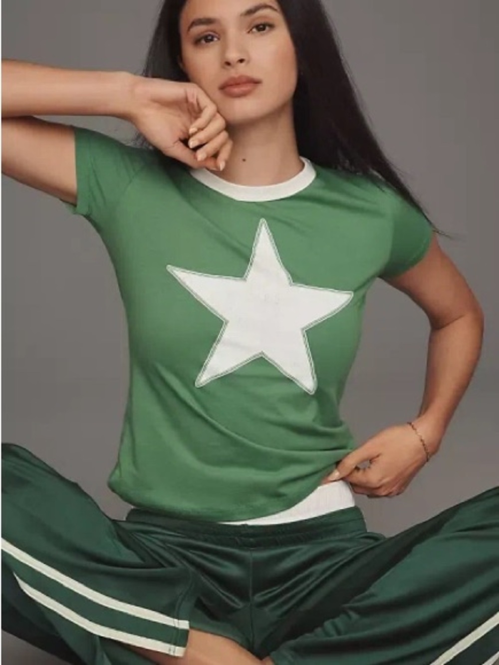 LetLuv By Anthropologie Star Short-sleeve Ringer Crew-neck Tee In Green - NWT